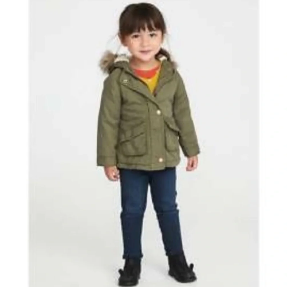 Warm Hooded Winter Coat Fur Trim Hood Jacket Old Navy Olive Khaki Green Size 4T